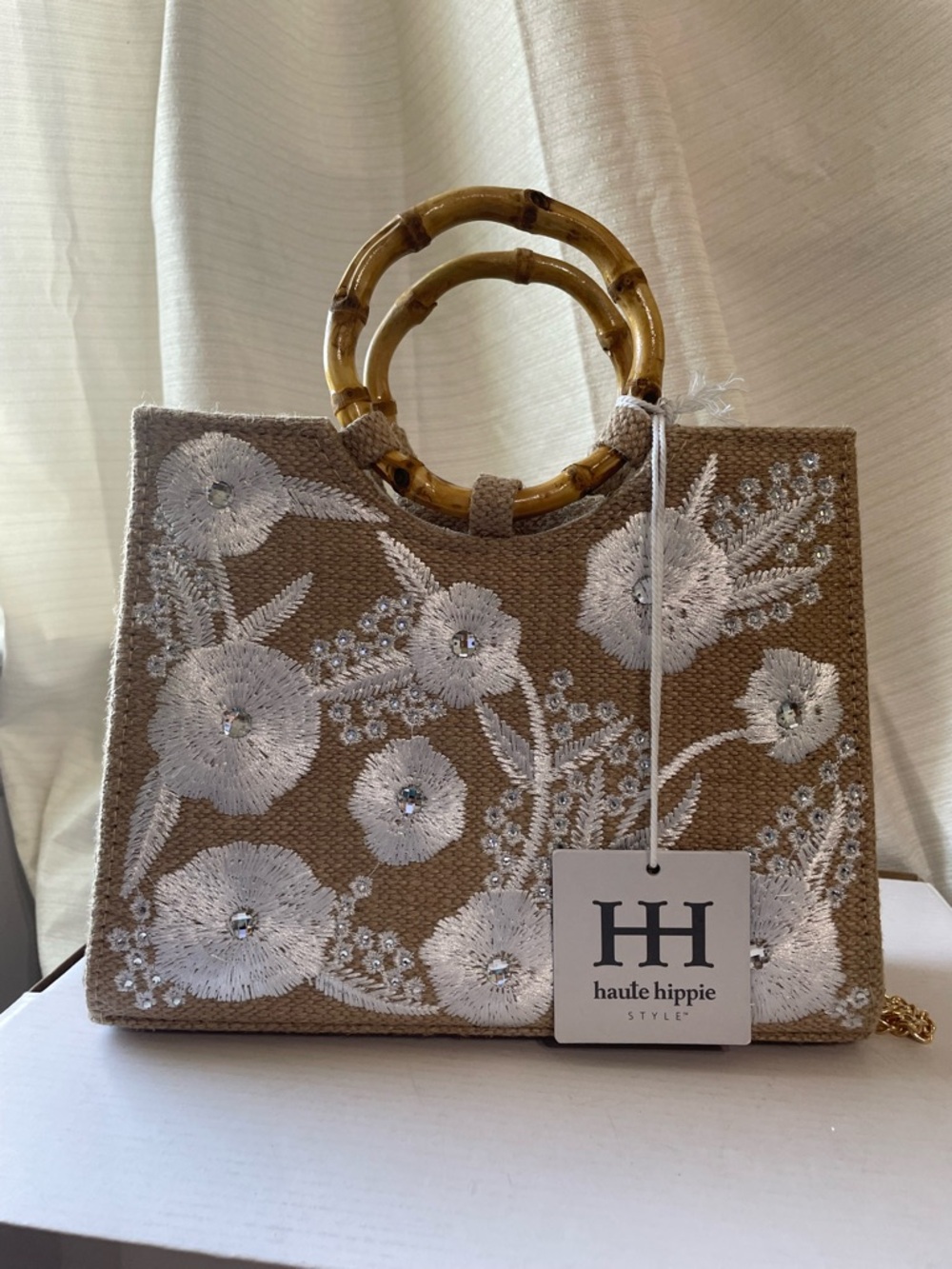 Haute Hippie NWT Embroidered Floral Crystals Bamboo-Handle Tote
